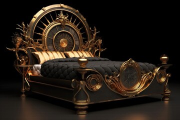 Gold Steampunk Bed On Black Smoky Background. Generative AI