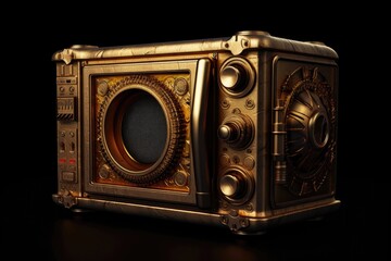 Gold Steampunk Microwave Oven On Black Smoky Background. Generative AI