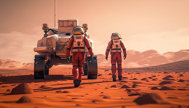 Astronaut walking in space suit on Mars surface during exploration mission with hi-tech rover vehicle, futuristic new planet colonization