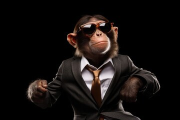 Fototapeta na wymiar Happy Macaque In Suit And Sunglasses On Black Background. Generative AI