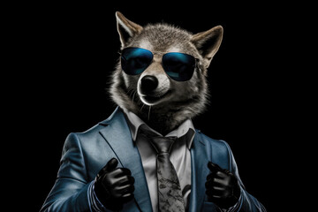 Happy Wolf In Suit And Sunglasses On Black Background. Generative AI