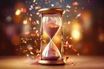 Hourglass With Falling Confetti On A Festive Party Background. Generative AI