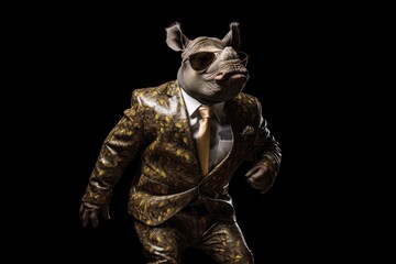 Happy Rhinoceros In Suit And Sunglasses On Black Background. Generative AI