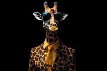 Poker Face Giraffe In Suit And Sunglasses On Black Background. Generative AI