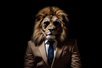 Poker Face Lion In Suit And Sunglasses On Black Background. Generative AI