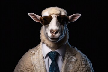 Poker Face Sheep In Suit And Sunglasses On Black Background. Generative AI