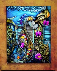 Abstract art. Imagination under the sea. a mixture of fish and flowers. Colorful. Frame format. ai image