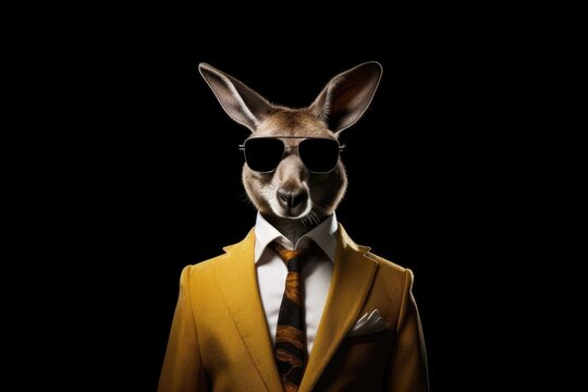 Poker Face Kangaroo In Suit And Sunglasses On Black Background. Generative AI