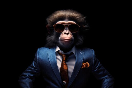 Poker Face Monkey In Suit And Sunglasses On Black Background. Generative AI