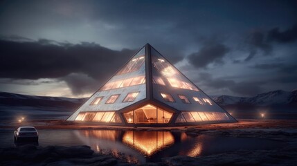 Fototapeta na wymiar 3D Render Futuristic Pyramid House With Geothermal Heating. Generative AI