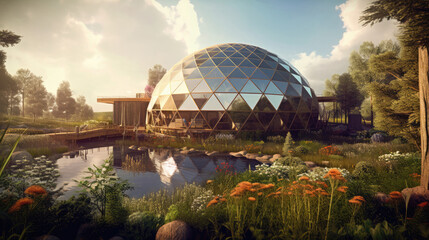 3D Render Solarpowered Geodesic Dome With Rainwater Harvesting. Generative AI - obrazy, fototapety, plakaty