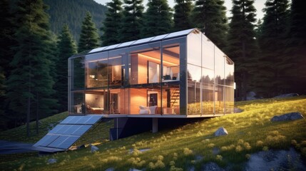 3D Render Transparent Solar Panel House With Energy Storage. Generative AI