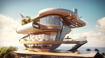 3D Render Solarpowered Hover House With Sky Deck And Jetpack Access. Generative AI