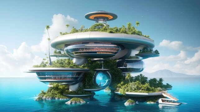 3D Render Futuristic Floating Island Residence With Marine Life Observation Deck. Generative AI