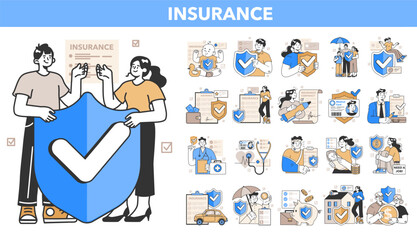 Insurance set. Idea of security and protection of life property. Healthcare