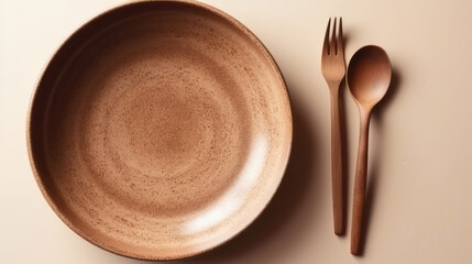 A brown plate with a spoon and a fork on beige background Flat lay Top view