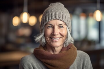 Environmental portrait photography of a satisfied mature woman wearing a warm beanie or knit hat against a peaceful yoga studio background. With generative AI technology