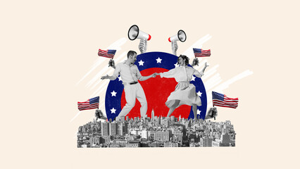 Contemporary art collage with couple of dancers in vintage clothes, man and woman dancing and celebrating Independence day over national USA symbols background