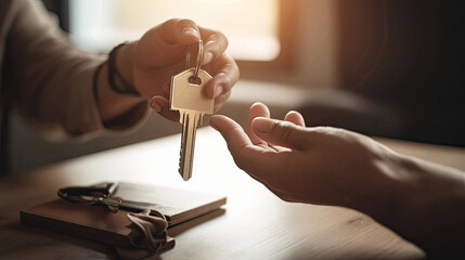 A home rental company employee hand the house key in trust and security