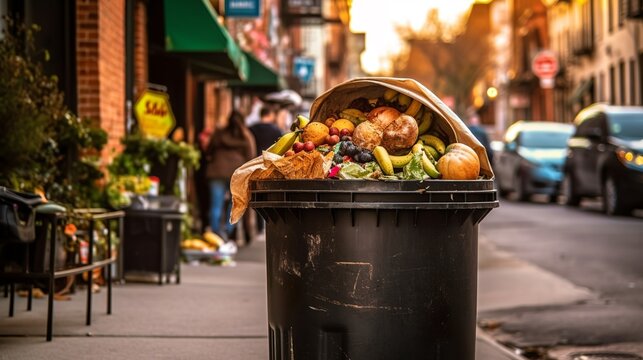 A trash can from a city street full of food waste, Generative AI