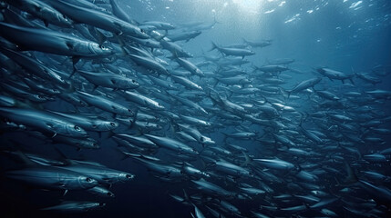 Fototapeta na wymiar A massive school of huge barracuda circle the dive in ocean
