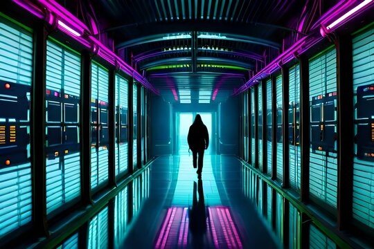 Hoodie walking throughout dark decaying hallway, cyberpunk style slums. Unknown hoodie programmer checking servers. Generative AI digital art 3D.