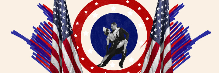 Contemporary art collage with couple of dancers, man and woman in festive vintage clothes dancing tango over national USA symbols background. Banner - obrazy, fototapety, plakaty