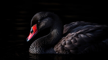 Black swan close up isolated on black background