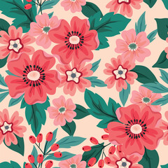 Seamless floral pattern, cute ditsy print with large decorative flowers in pink. Pretty drawn botanical surface design with hand drawn flowers, leaves on light background. Vector illustration.