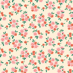 Seamless floral pattern, liberty ditsy print with tiny cute flowers. Pretty botanical fabric, paper: small hand drawn flowers, leaves on a light background. Surface design trend. Vector illustration.