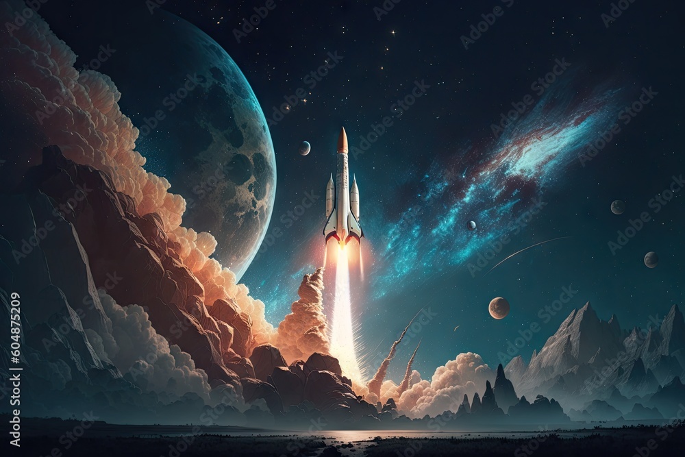 Sticker rocket launch with view of the stars and planets in the night sky, created with generative ai