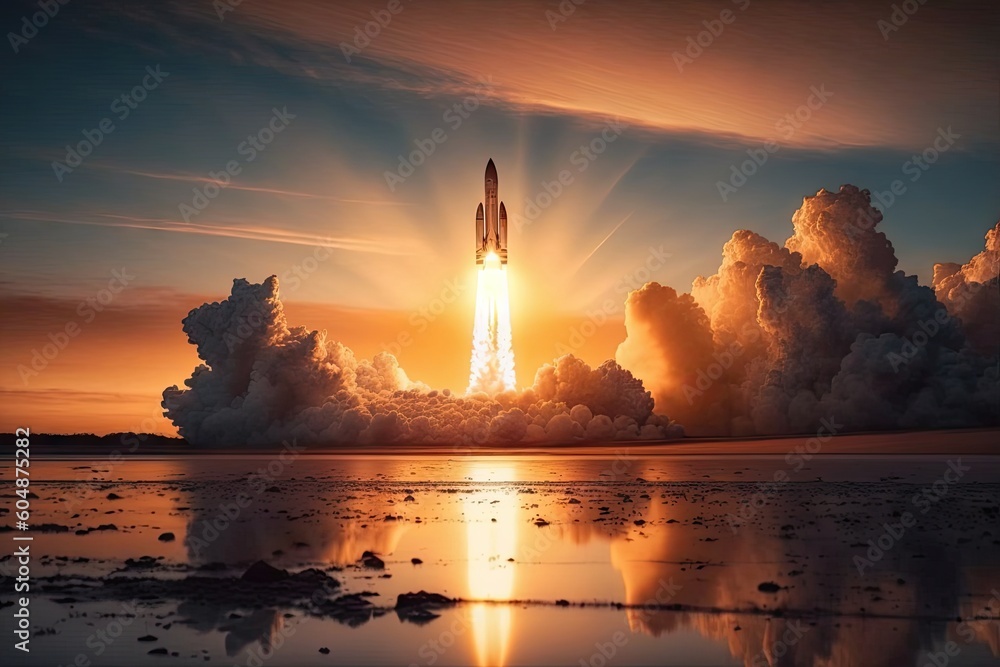 Wall mural rocket launch, with the sun setting behind it, created with generative ai