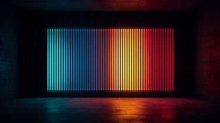 a colorful illuminated wall in a dark room, light gradient, vibrant mural, striped, neon, generative AI