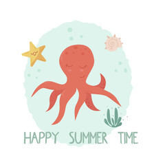 vector poster with cute octipus that swimming in the ocean 