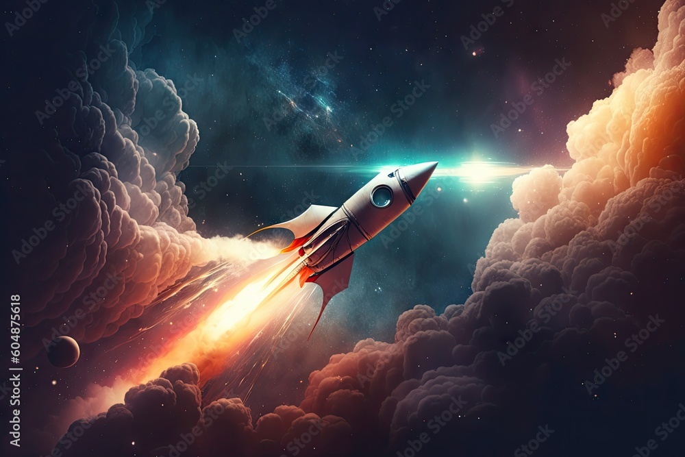 Wall mural a rocket ship, flying through the stars and nebulae in outer space, created with generative ai