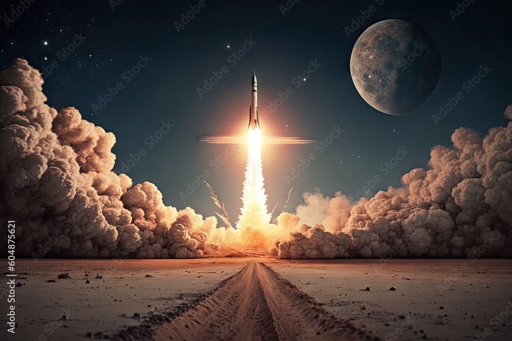 Wall mural rocket launch, with view of the moon in the background, created with generative ai