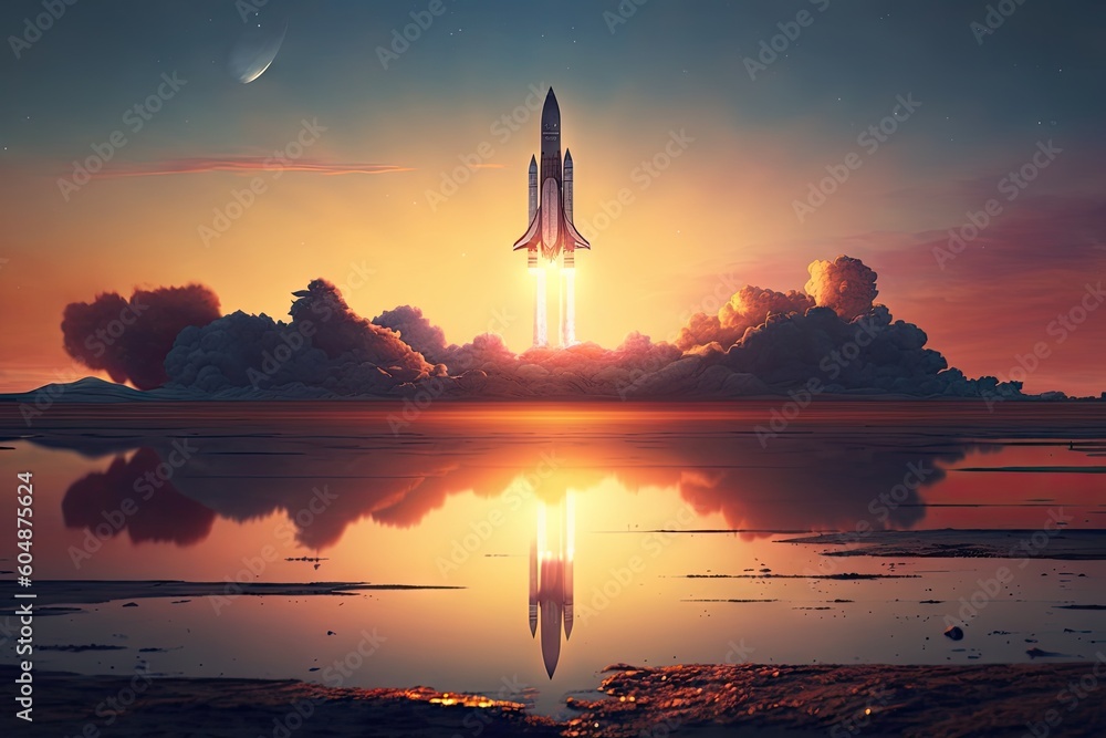 Wall mural rocket start with view of sunrise in the background, created with generative ai