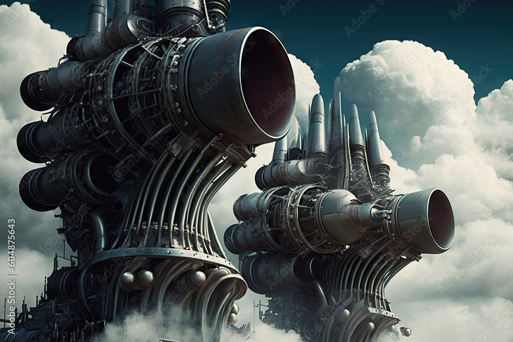 Sticker close-up of rockets engines, with clouds in the background, created with generative ai