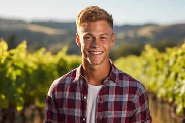 Studio portrait photography of a grinning boy in his 30s wearing a casual short-sleeve shirt against a picturesque vineyard background. With generative AI technology