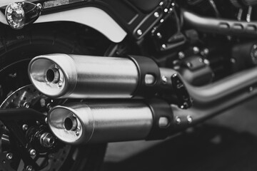 Motorcycle Closeup Customs Exhaust Pipes Big Muffler End Tip Dual Twin Out In Black And White...