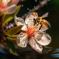bee and butterfly take  nectar on fruits and berries, dew drops on  peach raspberry grapes cherry apple tree flowers nature macro,generated ai