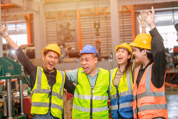 Group of engineer worker team greeting cheerful happy smiling laughing together. - obrazy, fototapety, plakaty