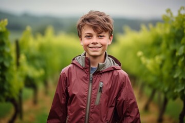 Environmental portrait photography of a happy mature boy wearing a lightweight windbreaker against a picturesque vineyard background. With generative AI technology