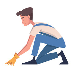 Man Construction Worker Character in Blue Overall Engaged in Roof Repair Vector Illustration