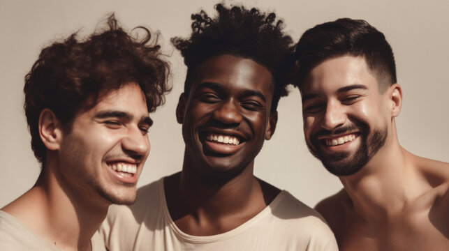 The portrait captures the bond and joy of three men friends as they pose with smiles in a light-filled studio. Generative AI