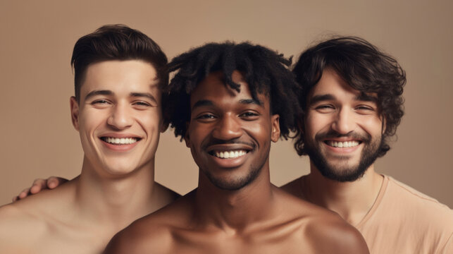 Three multicultural men display their lively connection in a light studio portrait. Generative AI