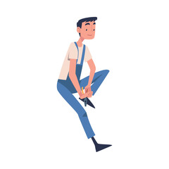 Fototapeta na wymiar Man Construction Worker Character Sitting with Pliers Engaged in Roof Repair Vector Illustration