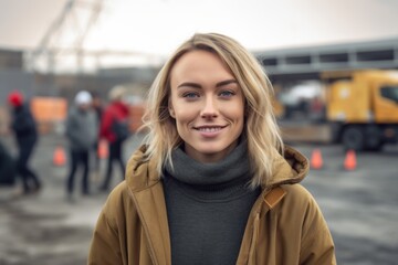 Fototapeta premium Medium shot portrait photography of a satisfied girl in her 30s wearing a cozy sweater against a busy construction site background. With generative AI technology