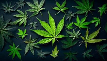 Naklejka na ściany i meble Trendy pattern of different leaves of marijuana and hemp on a black background. Flat lay