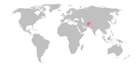 Vector map of the world with the country of Afghanistan highlighted in Pink on grey white background.